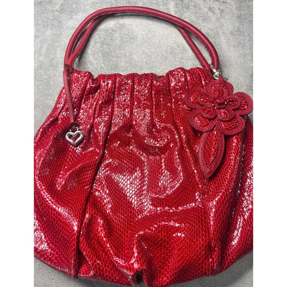 Brighton Red Patent Leather Mock Snake Skin Shoulder Bag Purse Shiny Rare - Picture 1 of 9